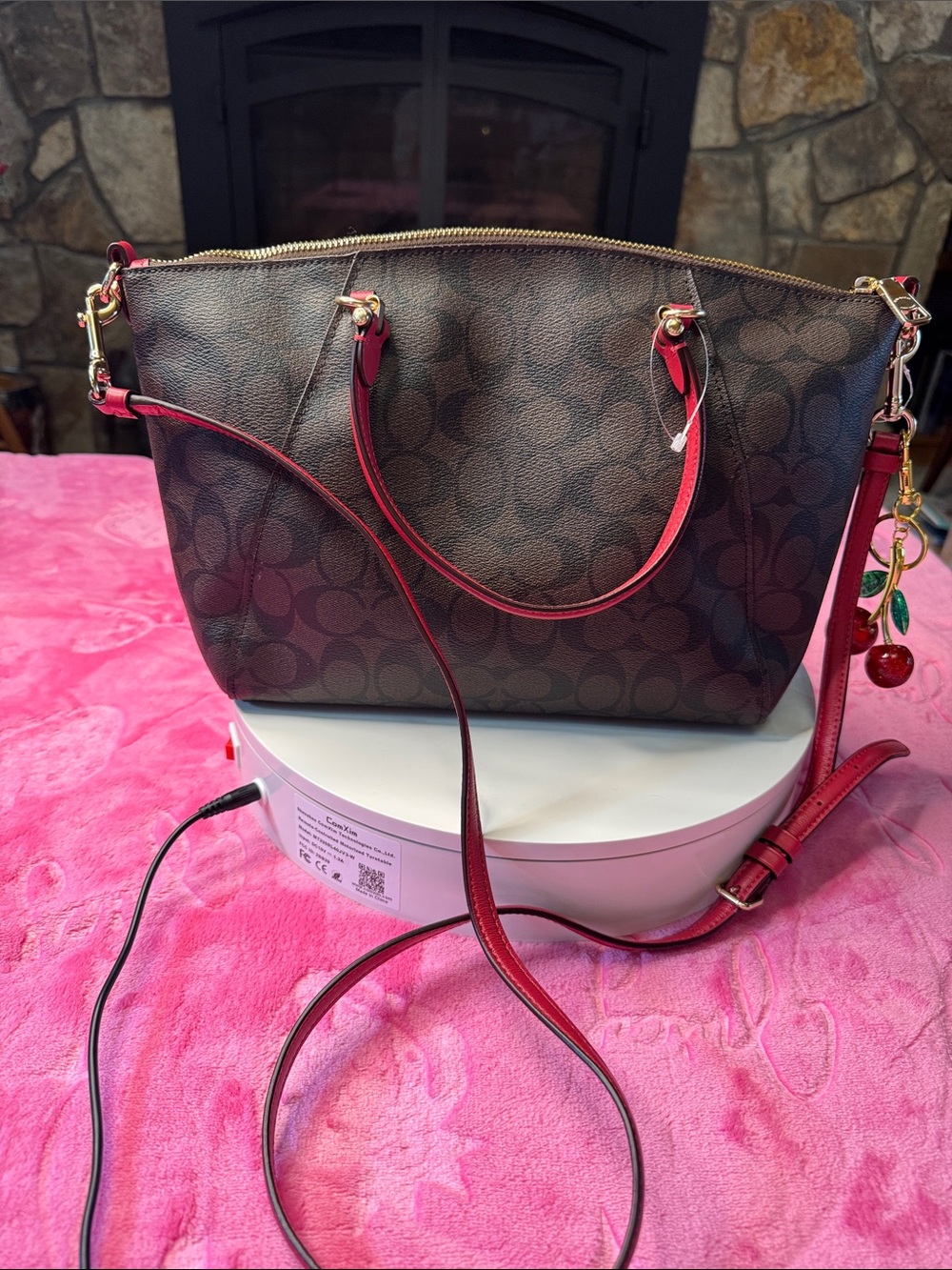 NWOT Coach Prairie Satchel Signature Canvas Brown Red Trim Cherry charm - Picture 11 of 11